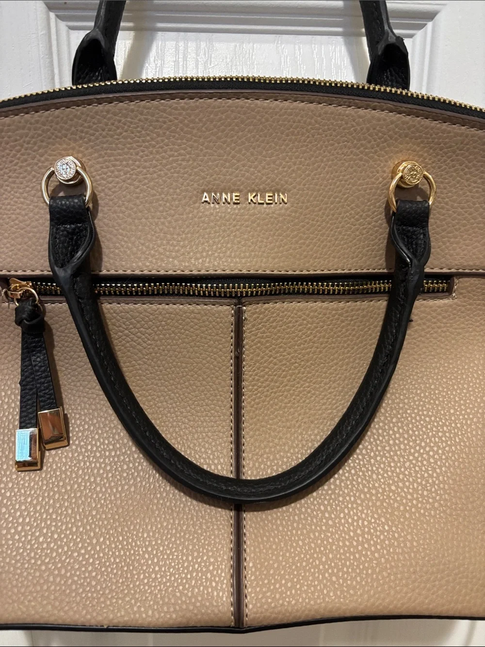 Anne Klein Beige Pebbled Satchel with Black Trim